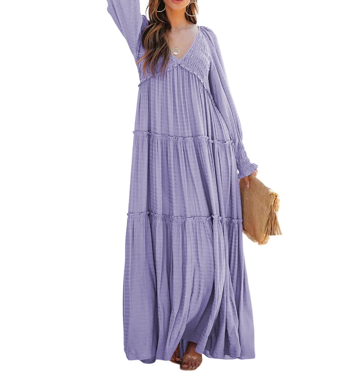 Women Long Sleeve V Neck Boho Casual Flowy Long Dresses✨Buy 2 Free Shipping