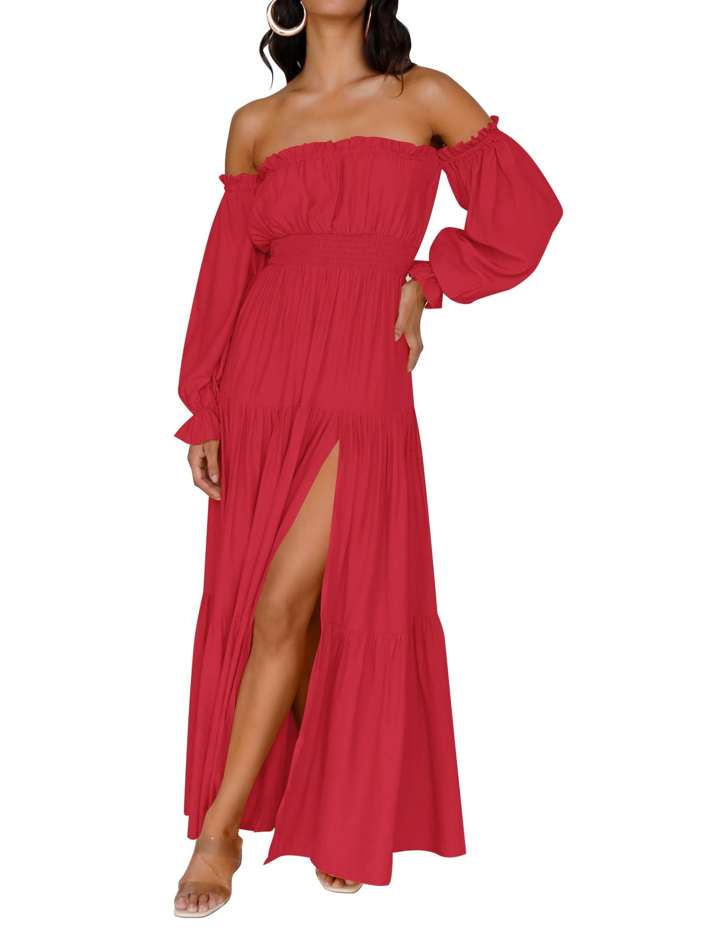 Women's  Boho Off Shoulder Long Sleeve Side Split Flowy A Line  Long Maxi Dress