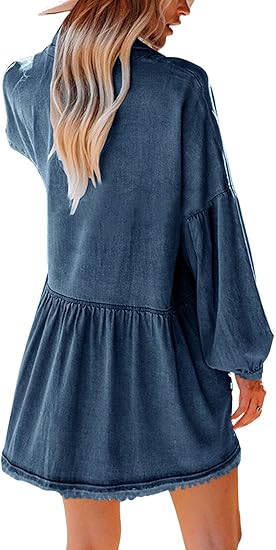 Women's Oversized Distressed Denim Button Down Shirt Flowy  Tunic Dress  with Pockets