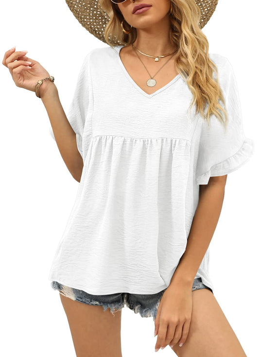 Limited time sale🔥Womens Casual V Neck Ruffle Sleeve T Shirts Babydoll Loose Fit Peplum Tops