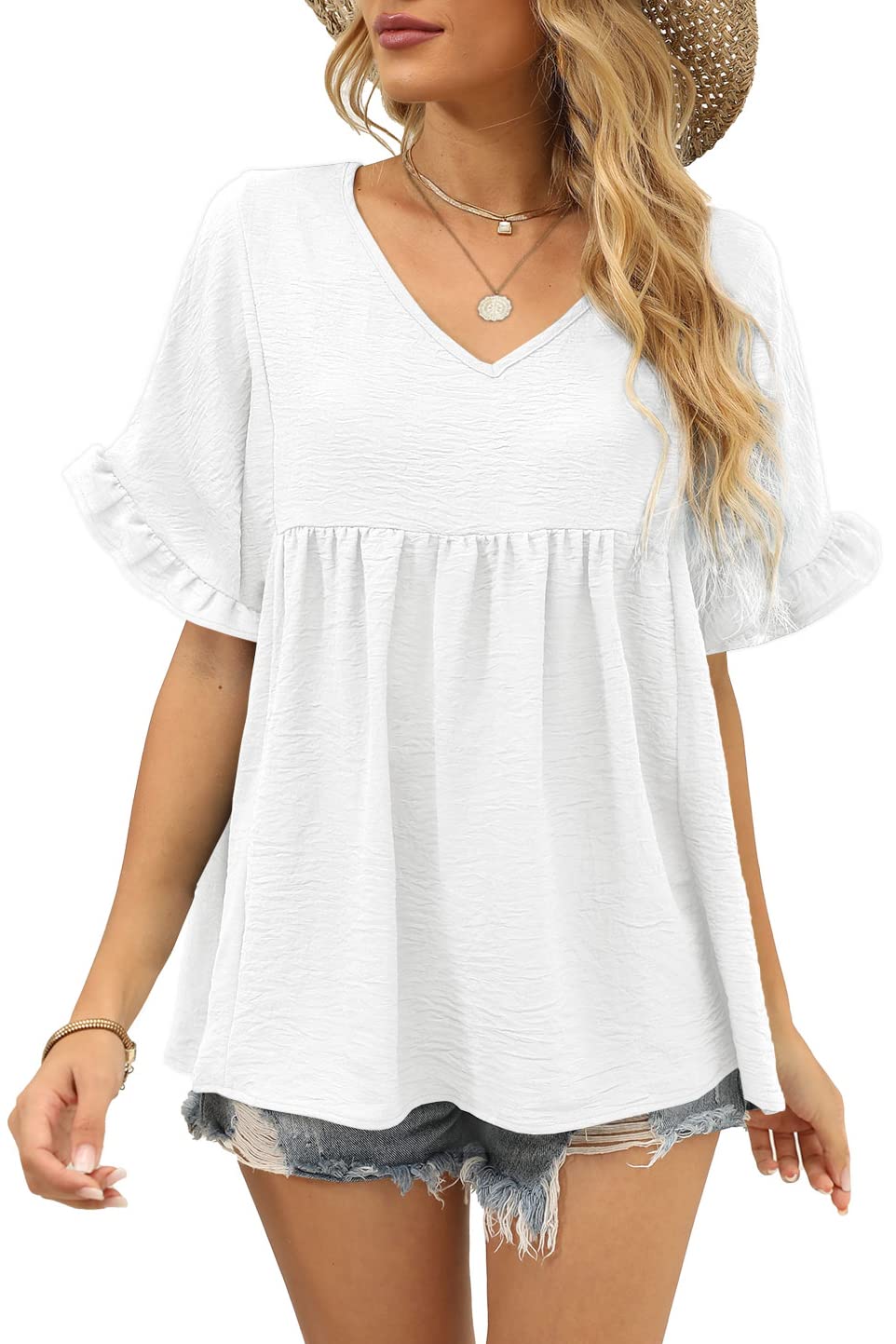 Limited time sale🔥Womens Casual V Neck Ruffle Sleeve T Shirts Babydoll Loose Fit Peplum Tops