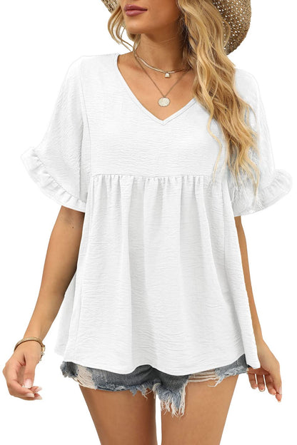 Limited time sale🔥Womens Casual V Neck Ruffle Sleeve T Shirts Babydoll Loose Fit Peplum Tops