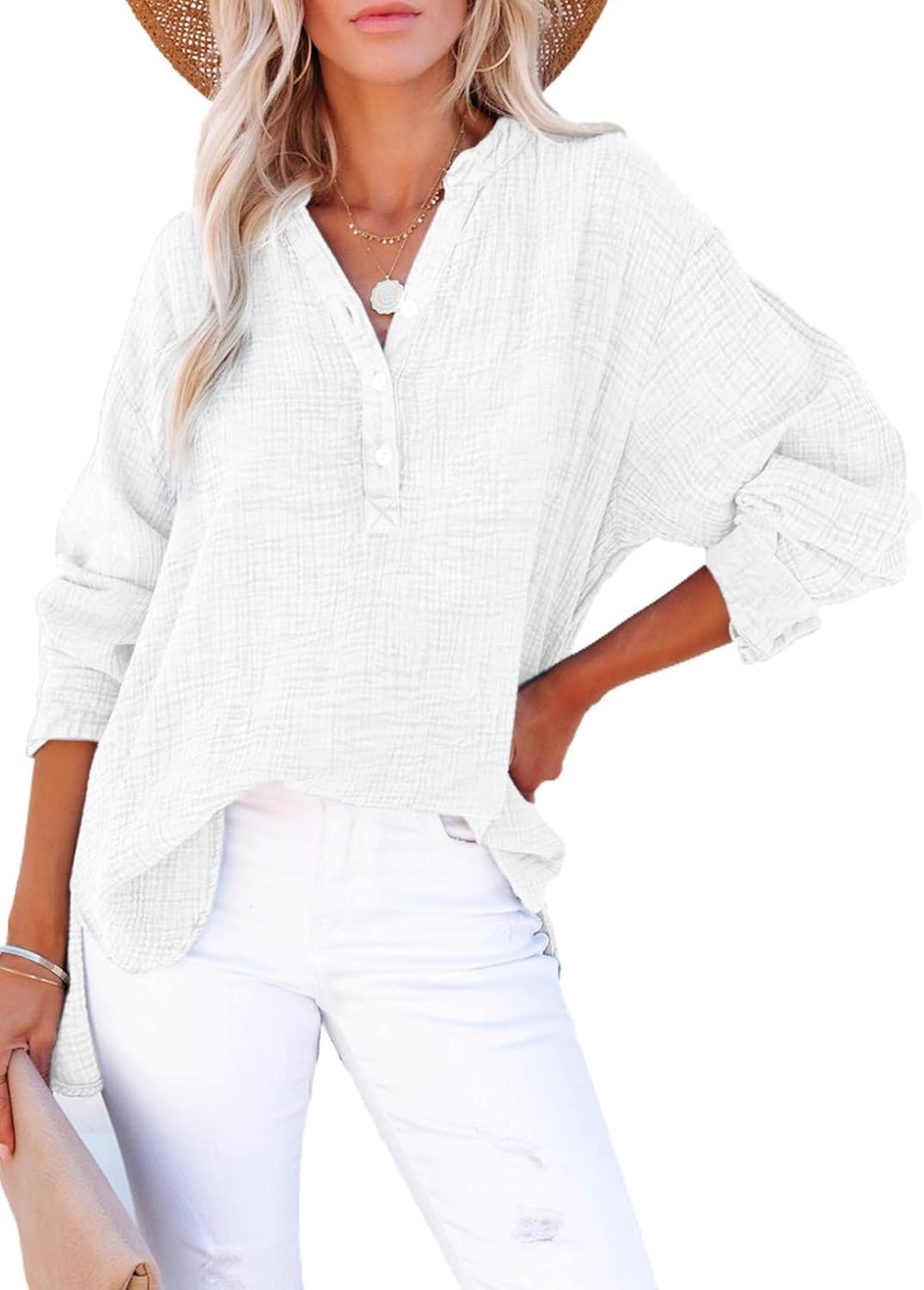 Limited time sale🔥Womens Casual Gauze Button Neck Long Sleeve Oversized BlousesTops
