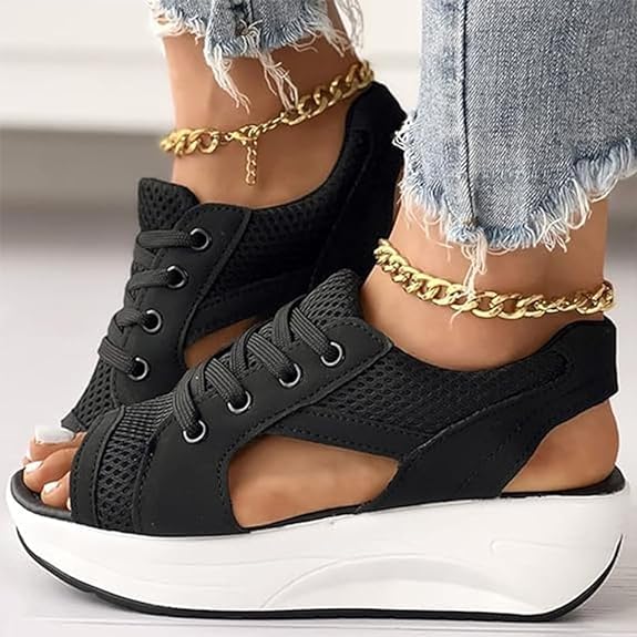 Contrast Paneled Cutout Lace-up Muffin Sandals （BUY 2 FREE SHIPPING)