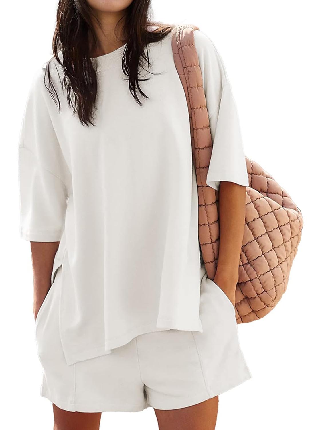 Women's Casual Solid Color Suit with Slit Top and Shorts