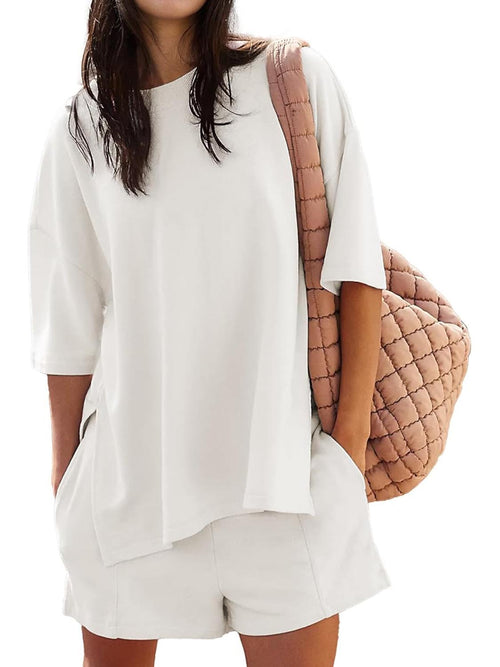 Women's Casual Solid Color Suit with Slit Top and Shorts