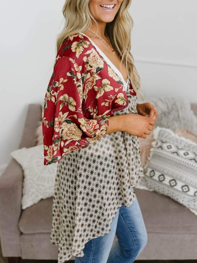 Women's Floral Kimono Ruffle Sleeve Tie Cardigans Flowy Boho Loose Cover Ups