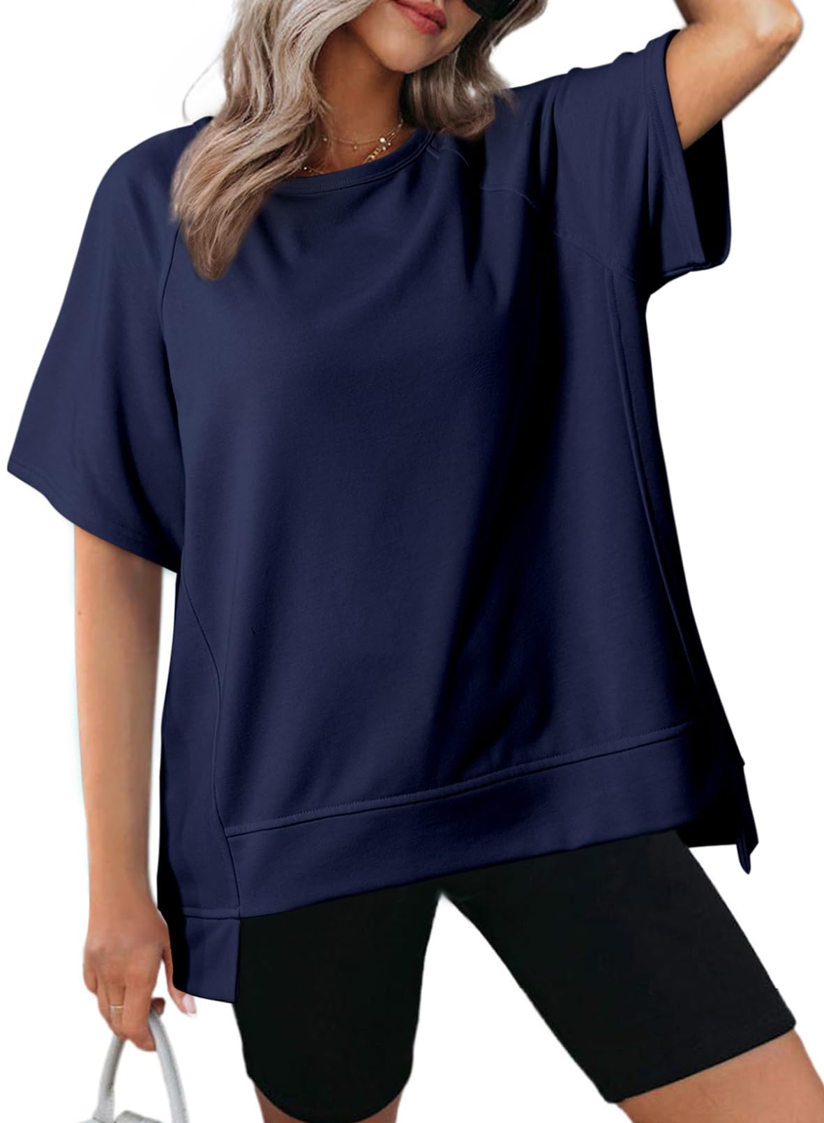 Women's Oversized Round Neck High-Low Hem Short Sleeve Top