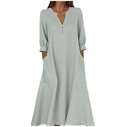 Women's Cotton Linen V-Neck 3/4 Sleeve Pocket Maxi Dress