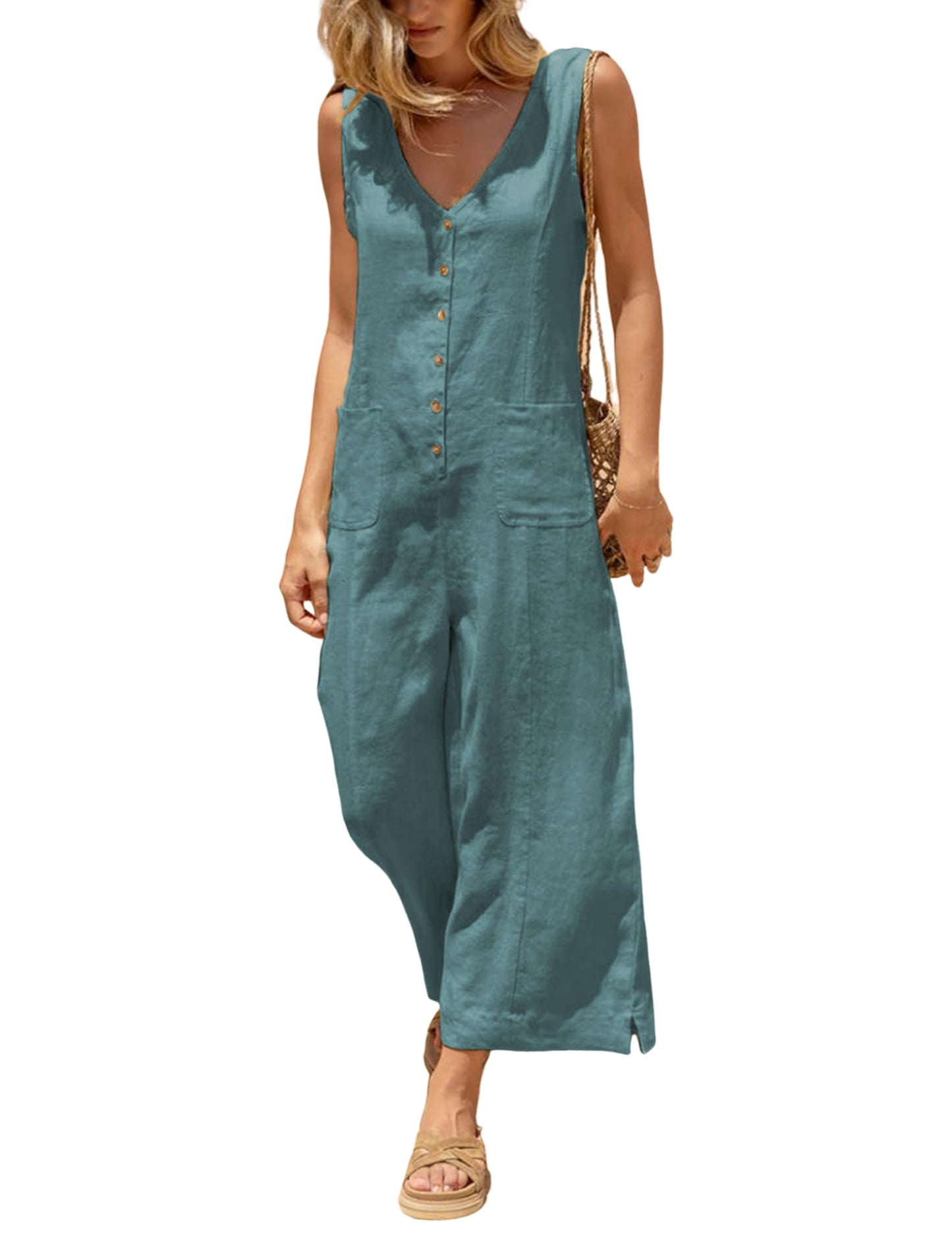 Women Button Down Jumpsuits Sleeveless Casual Wide Legs