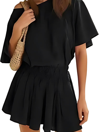 ⏰Hot Sale-Women’s Casual Short Sleeve Elastic Waist Loose Flowy Mini Skirt Dress