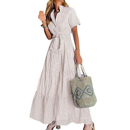 Limited time sale🔥Women Button Down Striped Dress Lapel Collar Short Sleeve Dresses