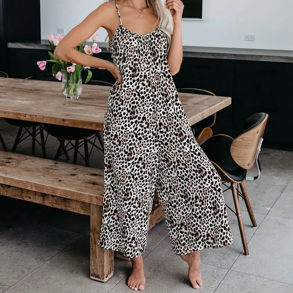 Women's Casual Sleeveless Leopard Print Jumpsuit with Pockets