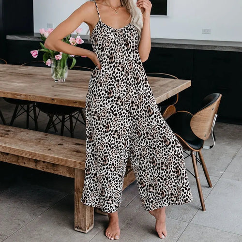 Women's Casual Sleeveless Leopard Print Jumpsuit with Pockets