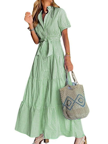 Limited time sale🔥Women Button Down Striped Dress Lapel Collar Short Sleeve Dresses