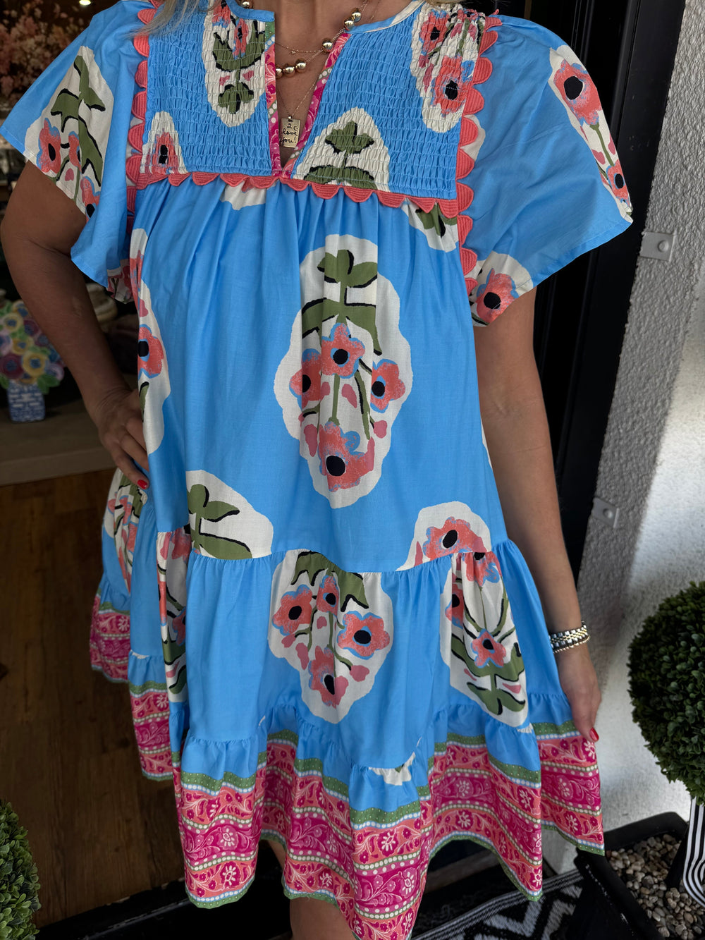Women's V-neck Pleated Print Short Dress