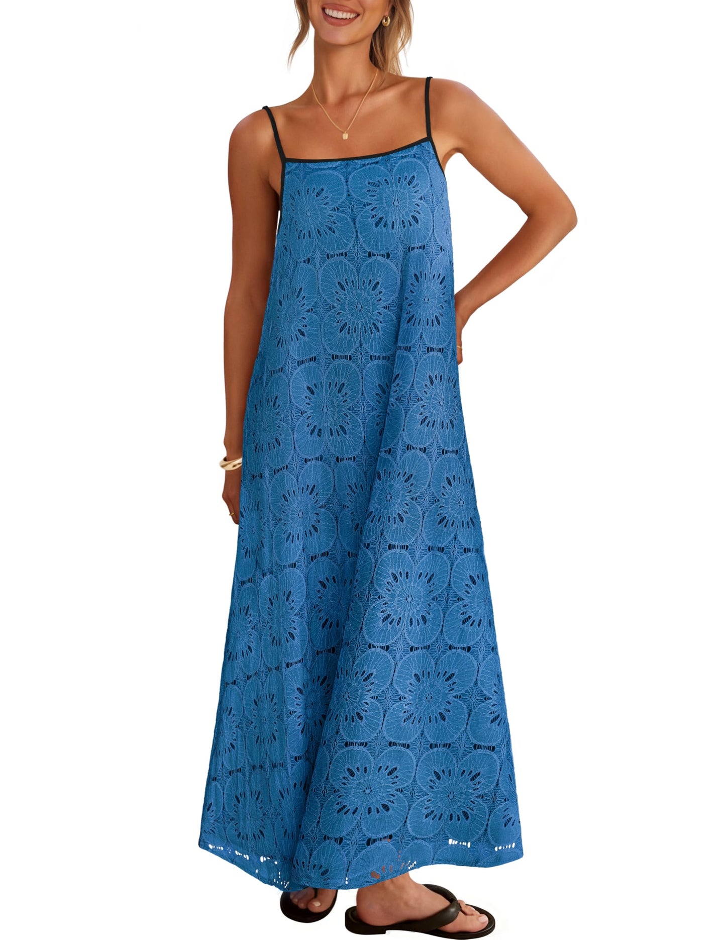 2026 Casual Sleeveless Floral Lace Eyelet Boho Beach Maxi Dress