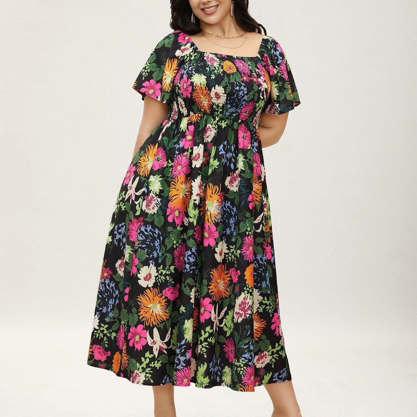 Floral Square Neck Midi Dress with Pockets