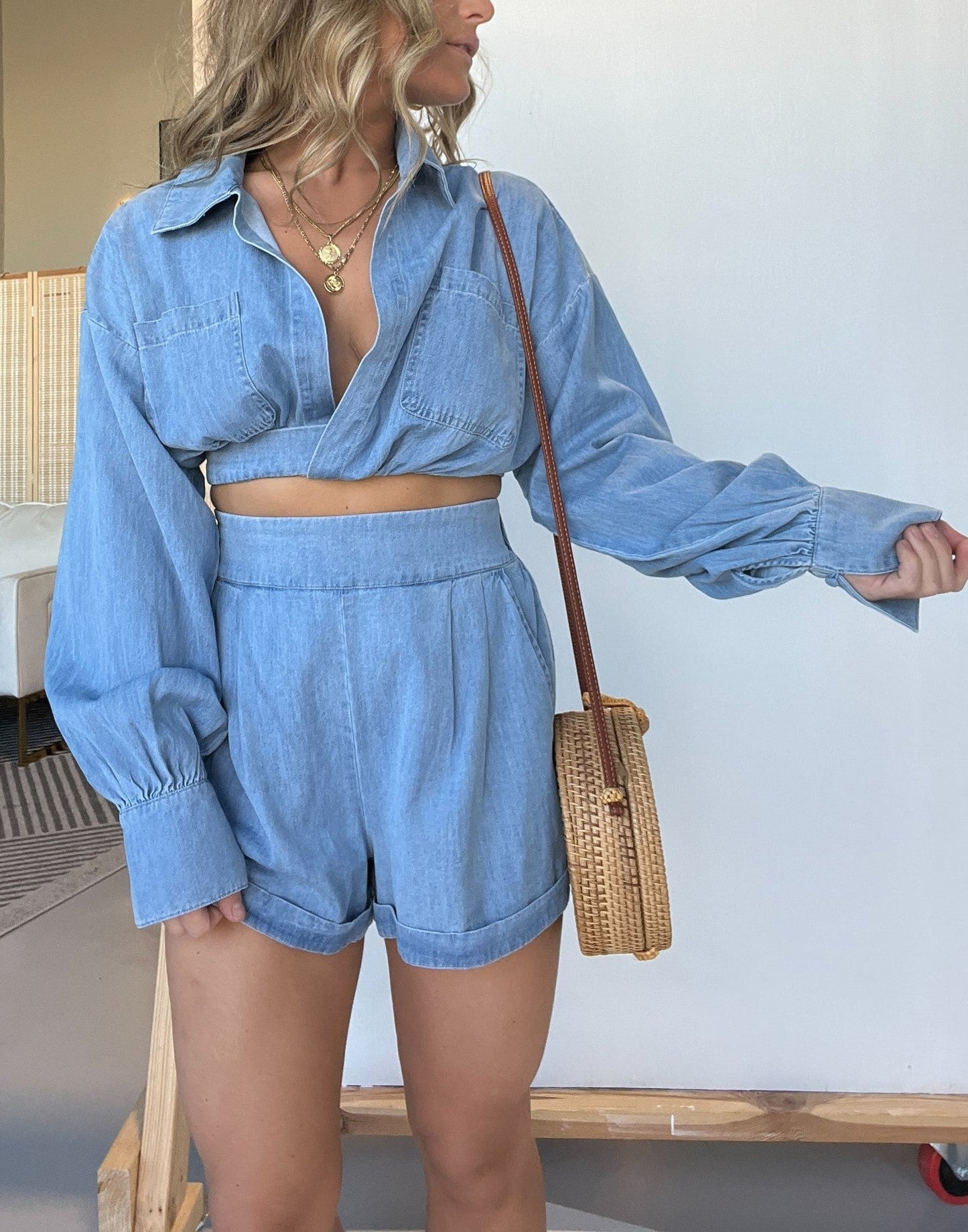 2024 Long Sleeves Crop Shirt and Shorts Denim Set (Buy 2 Free Shipping)