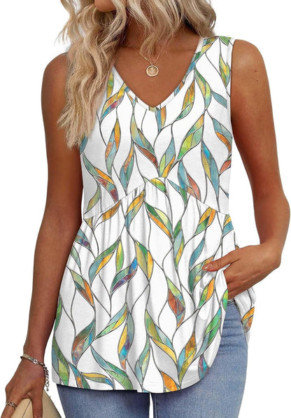 Limited time sale🔥Women's Print Flowy Sleeveless V Neck Peplum Tank Tops