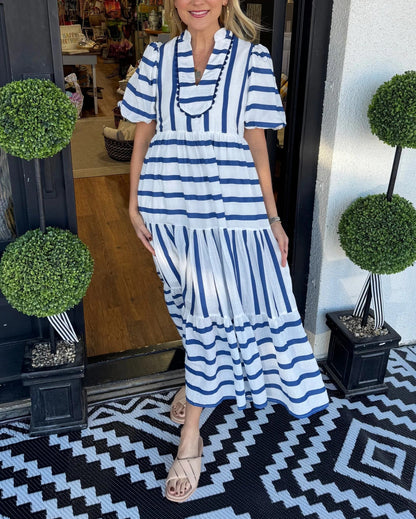 Limited time sale🔥Women's Short Bubble Sleeve Striped Dress With Pockets