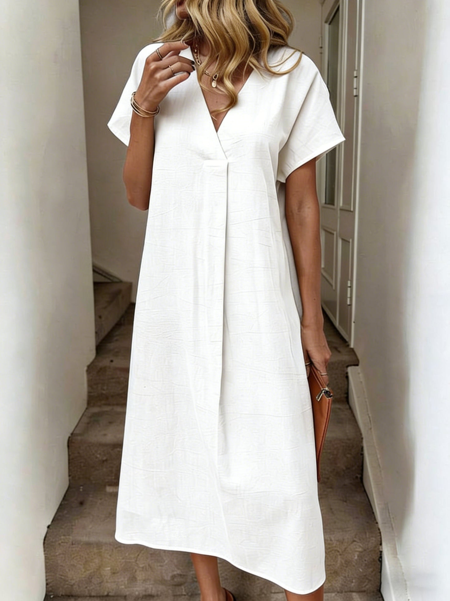 Women's Solid V-Neck Raglan Sleeve Loose Cotton Midi Dress