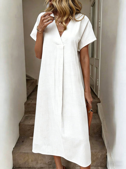 Women's Solid V-Neck Raglan Sleeve Loose Cotton Midi Dress