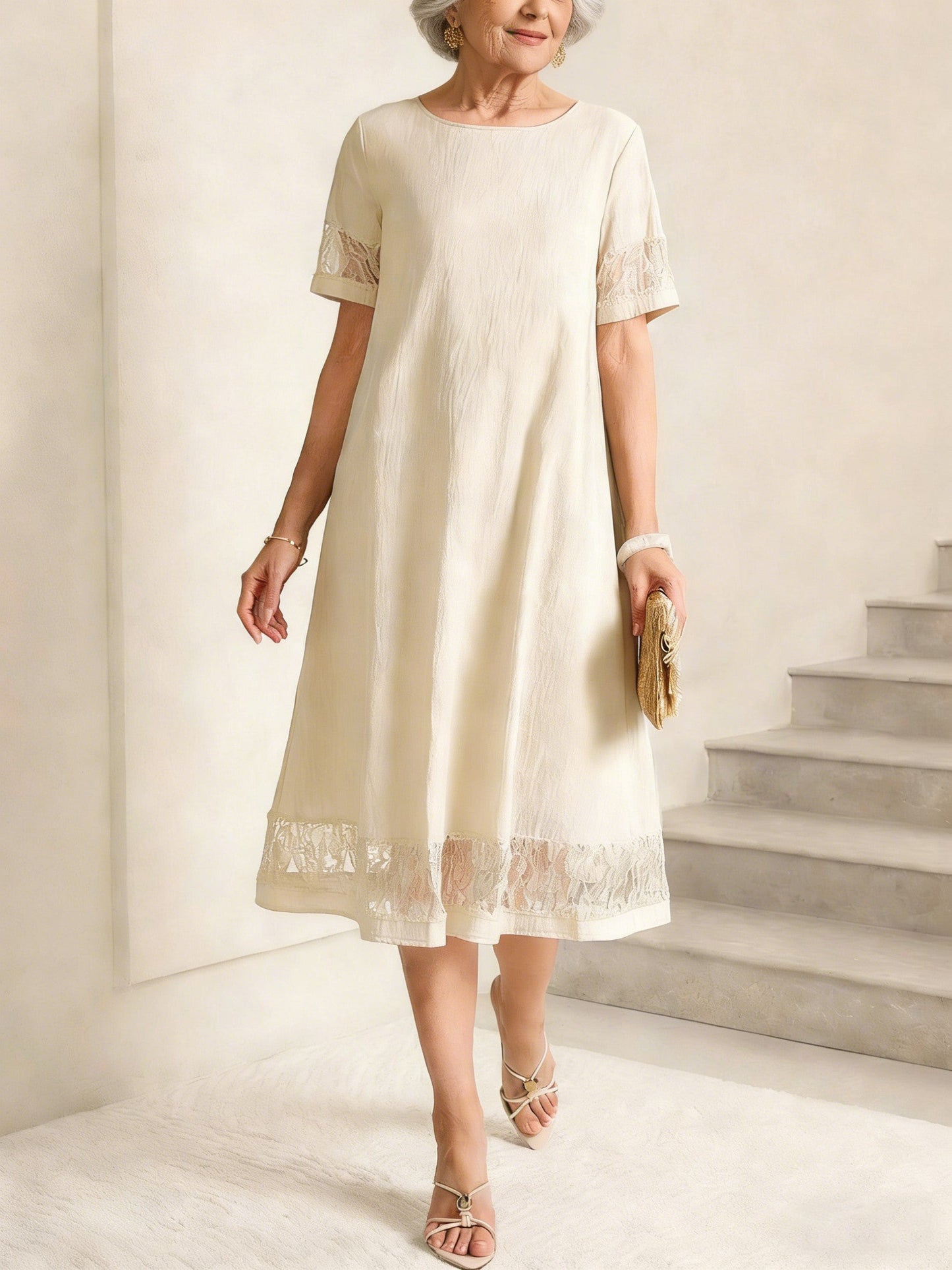 Lace Trim Midi Cotton Dress