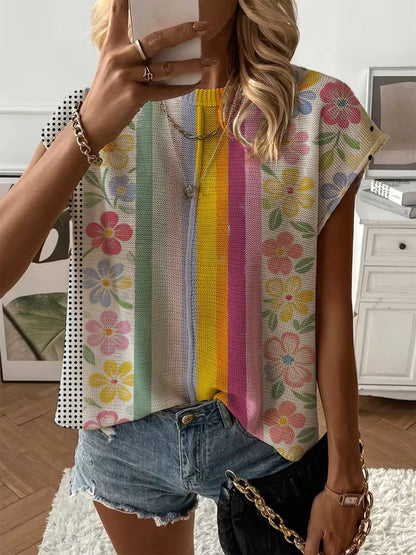 Women's Crew Neck Drop-shoulder Loose Fit Contrast Splicing Print Knit Top