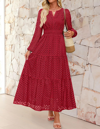Women's 2026 V Neck Hollow Out Eyelet A Line Long Flowy Dresses