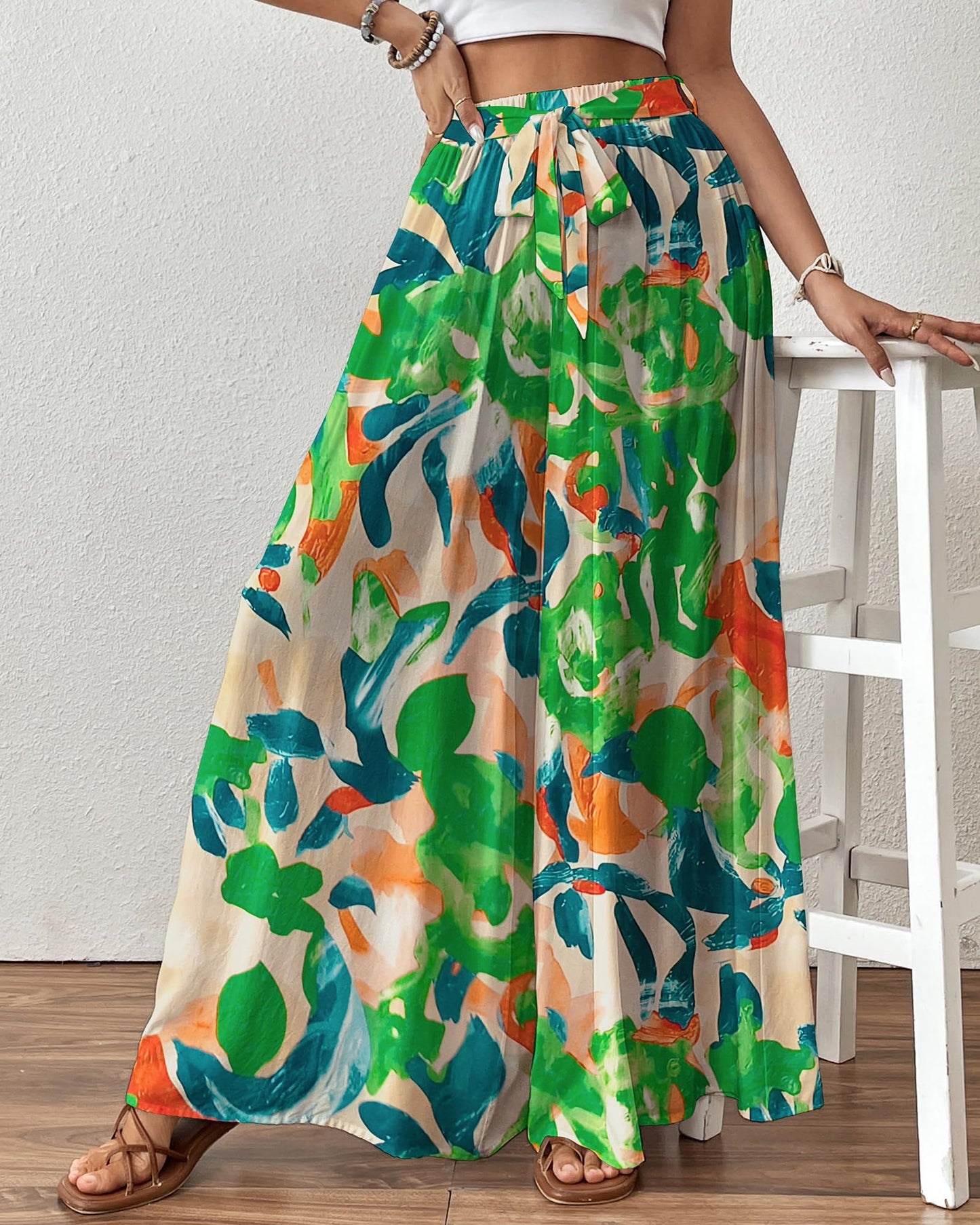 Woman Flowy Floral Palazzo Pants Wide Leg Pants