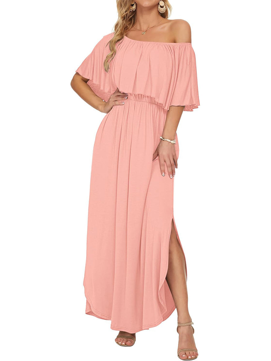 Women's Off-Shoulder Floral Maxi Dress with Pockets & Side Slit