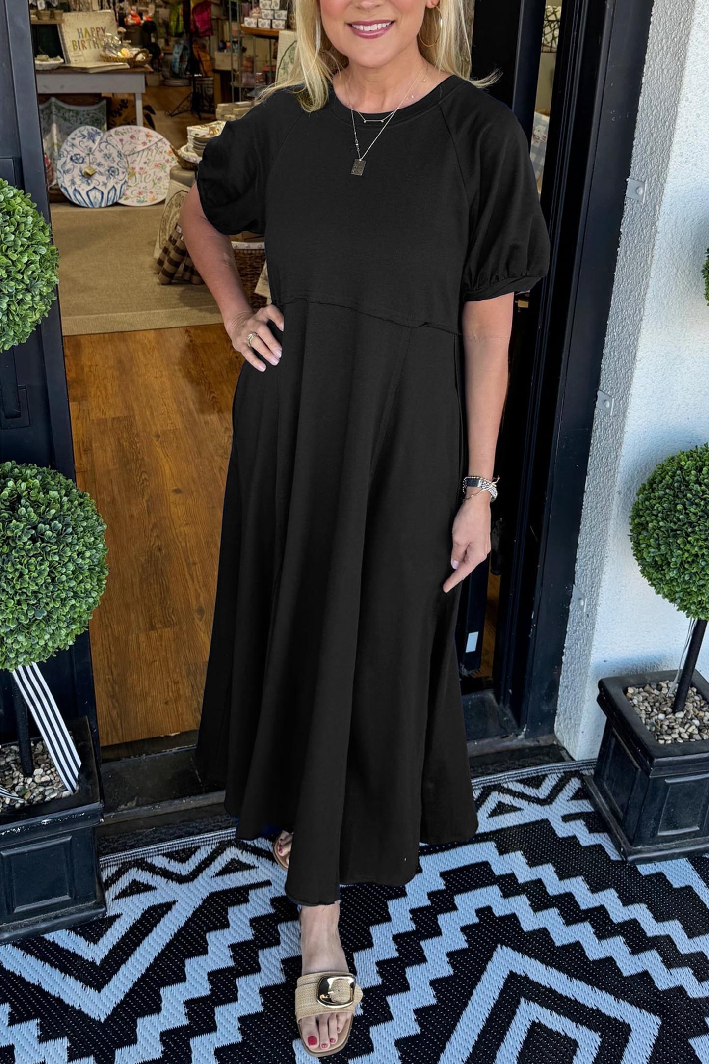 Women's Puff Sleeve Round Neck Long Dress