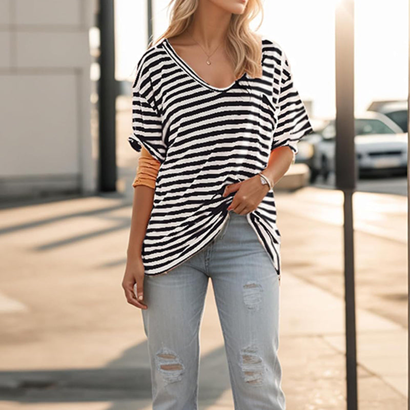 Women Oversized Deep V Neck Striped Shirt(Buy 2 Free Shipping)