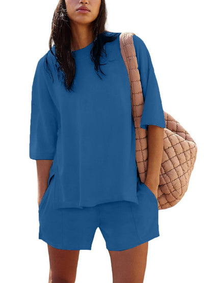 Women's Casual Solid Color Suit with Slit Top and Shorts