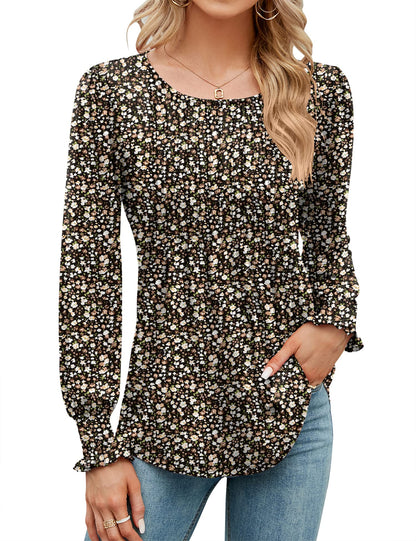 ✨Puff Long Sleeve Pleated Crew Neck Tunic Top