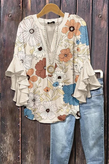 Women's Mixed Floral Print Ruffle Bell Sleeve Top