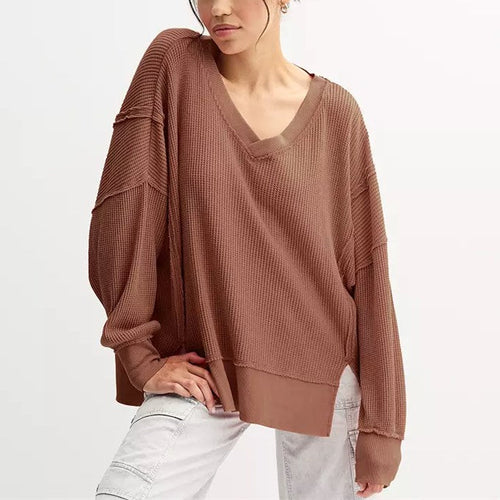 Oversized Waffle V Neck Top