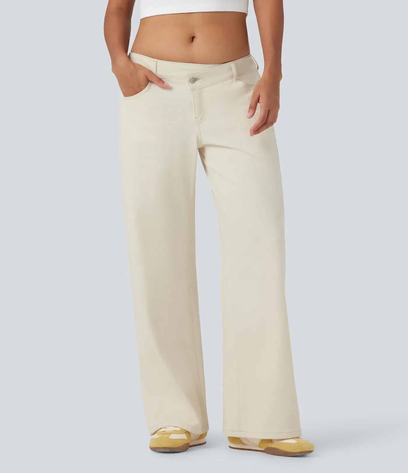 Asymmetric Low Rise Zipper Pockets Baggy Wide Leg Washed Casual Jeans
