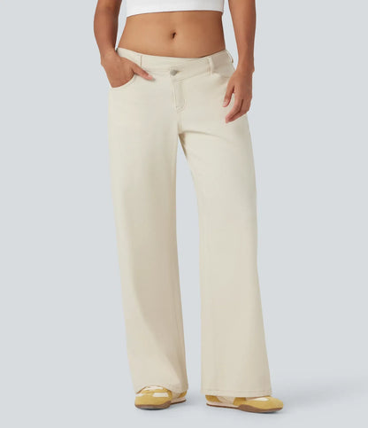 Asymmetric Low Rise Zipper Pockets Baggy Wide Leg Washed Casual Jeans