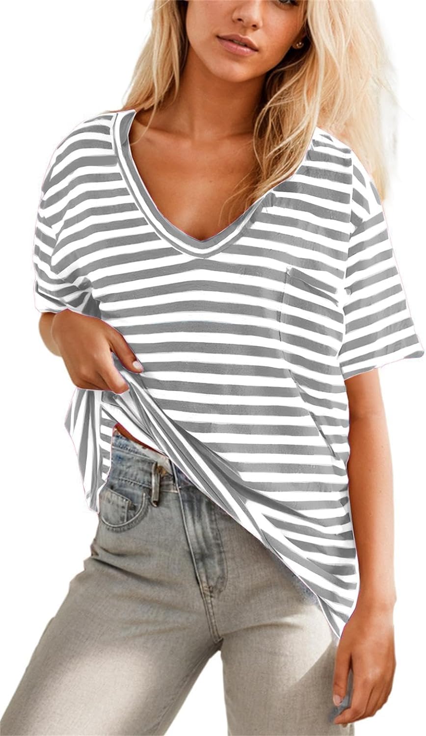 Women Oversized T Shirt Striped Short Sleeve Deep V Neck Tee Shirt ✨BUY 2 FREE SHIPPING