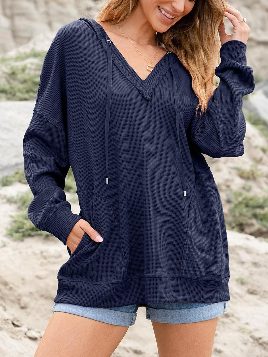 Women Casual V Neck Drawstring Waffle Knit Hoodies Oversized Sweatshirts