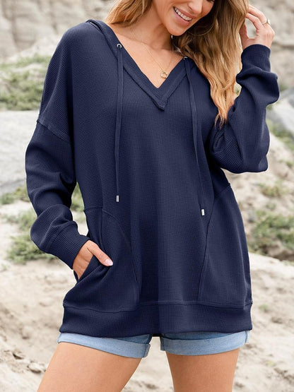 Women Casual V Neck Drawstring Waffle Knit Hoodies Oversized Sweatshirts