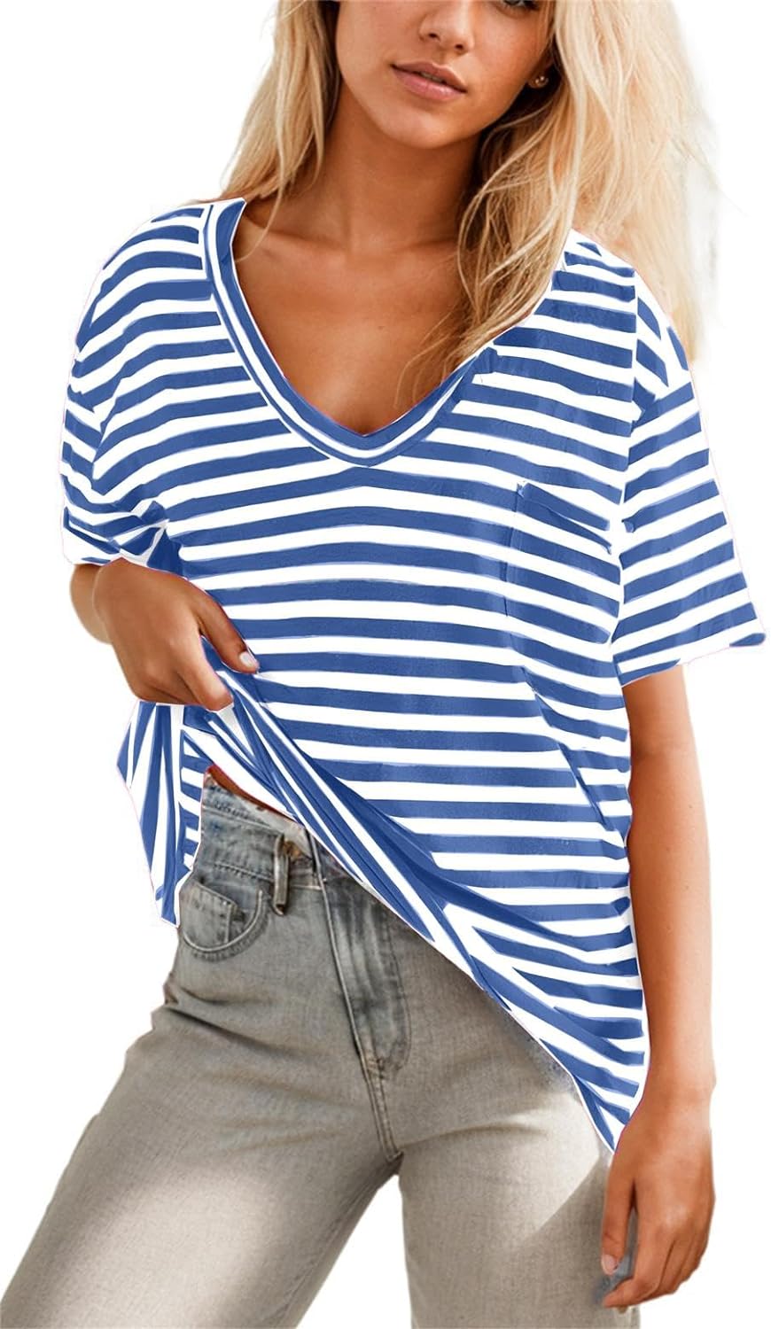 Women Oversized T Shirt Striped Short Sleeve Deep V Neck Tee Shirt ✨BUY 2 FREE SHIPPING