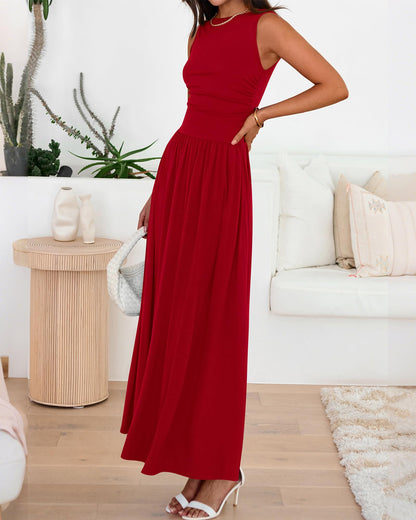 Limited time sale🔥Women's Solid Color Sleeveless Waist Pleated Design Dress with Pockets