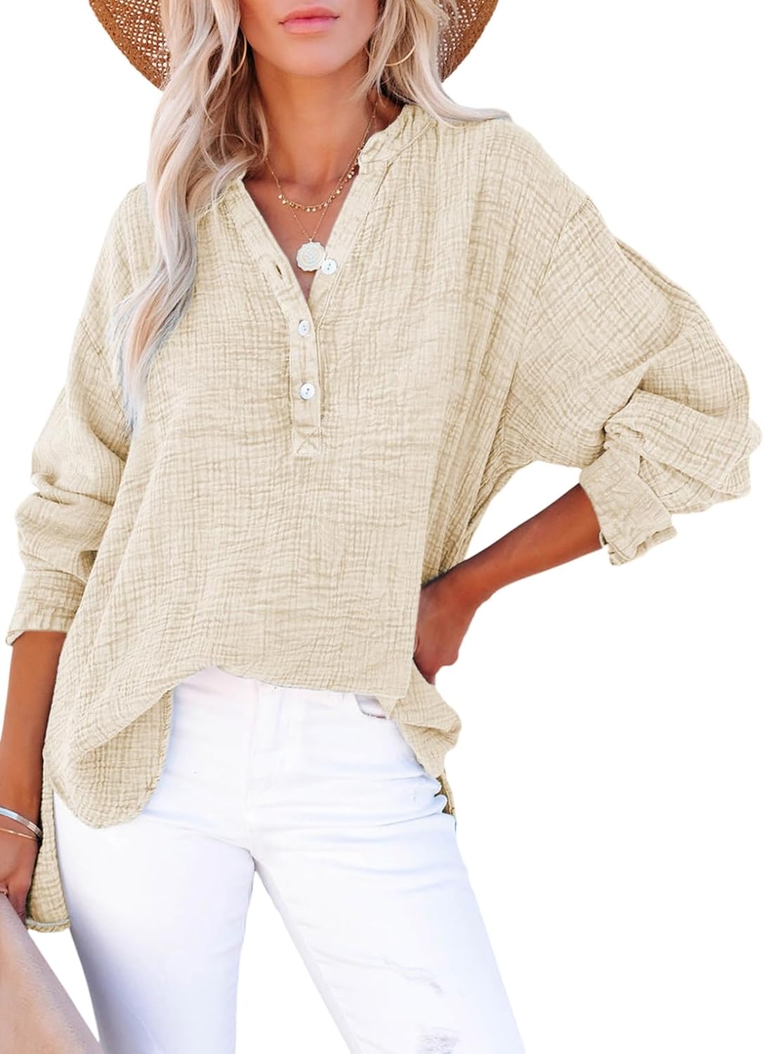 Limited time sale🔥Womens Casual Gauze Button Neck Long Sleeve Oversized BlousesTops