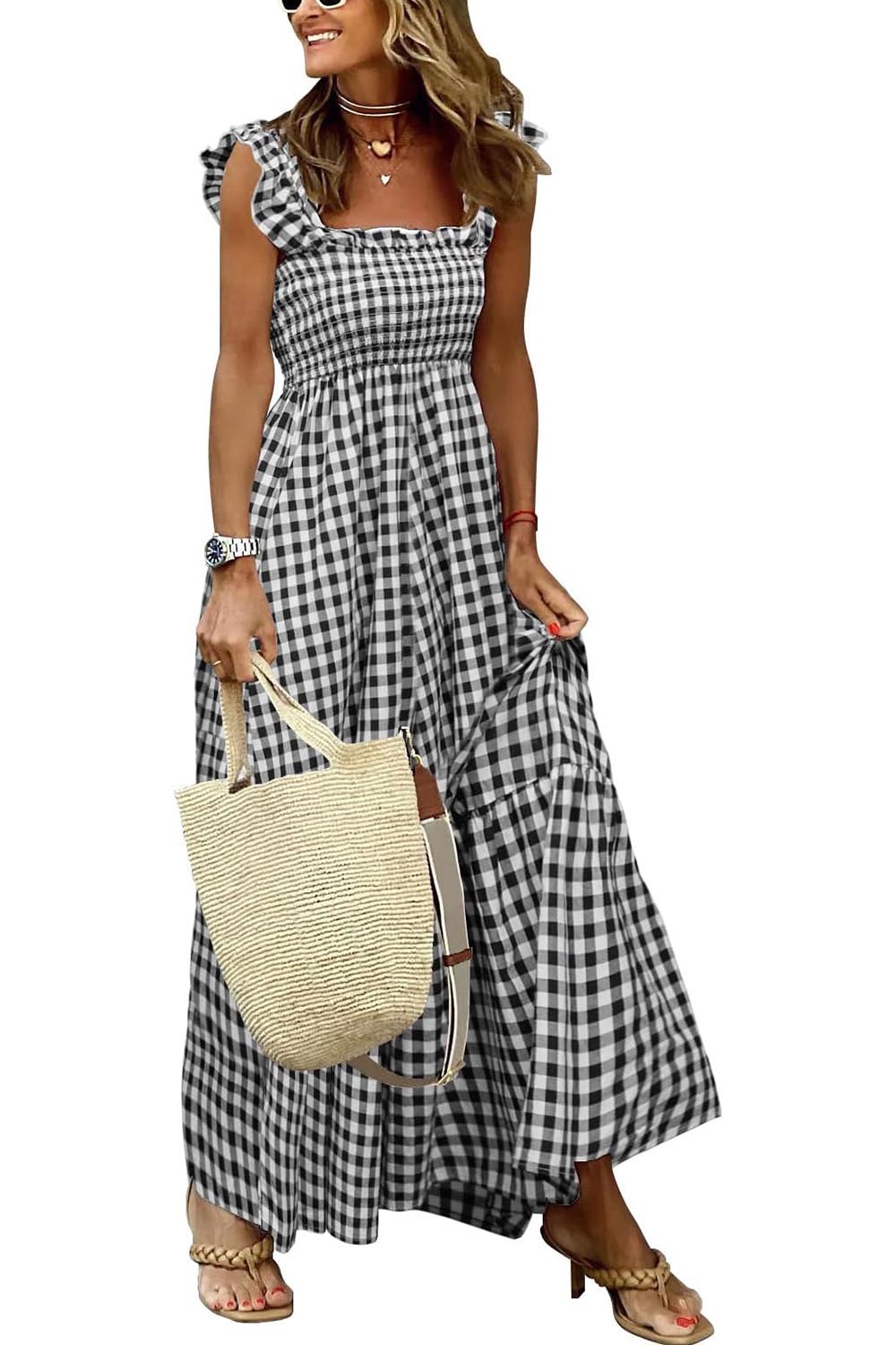 Women's Retro Plaid Smocked Dress Spaghetti Strap Flounce Long Dress With Pockets