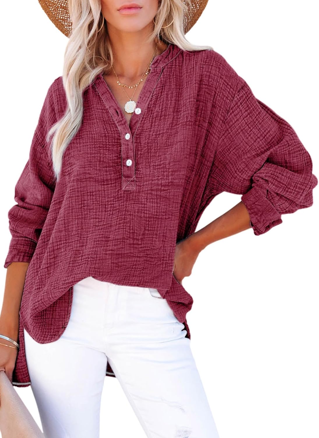 Limited time sale🔥Womens Casual Gauze Button Neck Long Sleeve Oversized BlousesTops