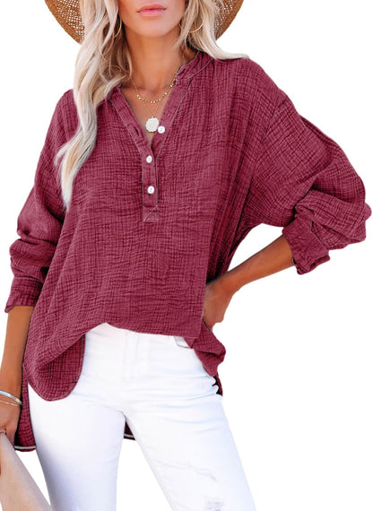 Limited time sale🔥Womens Casual Gauze Button Neck Long Sleeve Oversized BlousesTops