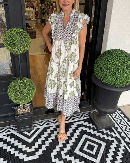 Women's Casual Printed Ruffle Sleeve Midi Dress